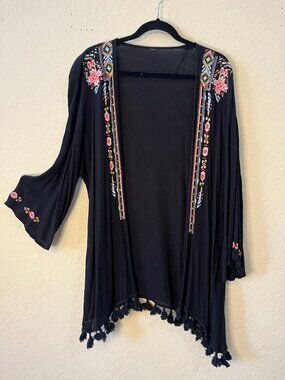 Black Boho Cover up featuring Southwest trim and Fringe